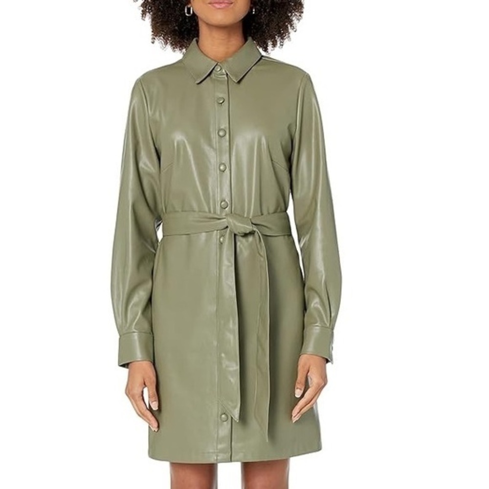 The Drop Olive Vegan Leather Shirt Dress